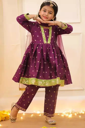 Purple woven taffeta anarkali-pant with dupatta set for girls