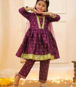 Purple woven taffeta anarkali-pant with dupatta set for girls