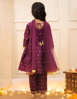 Purple woven taffeta anarkali-pant with dupatta set for girls 2