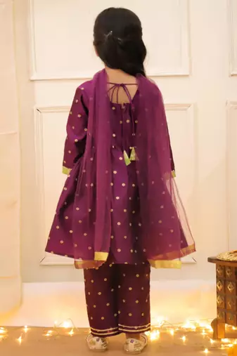 Purple woven taffeta anarkali-pant with dupatta set for girls