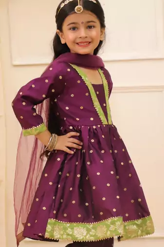 Purple woven taffeta anarkali-pant with dupatta set for girls