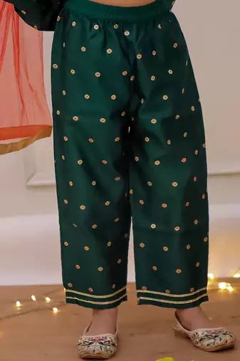 Green woven taffeta anarkali-pant with dupatta set for girls
