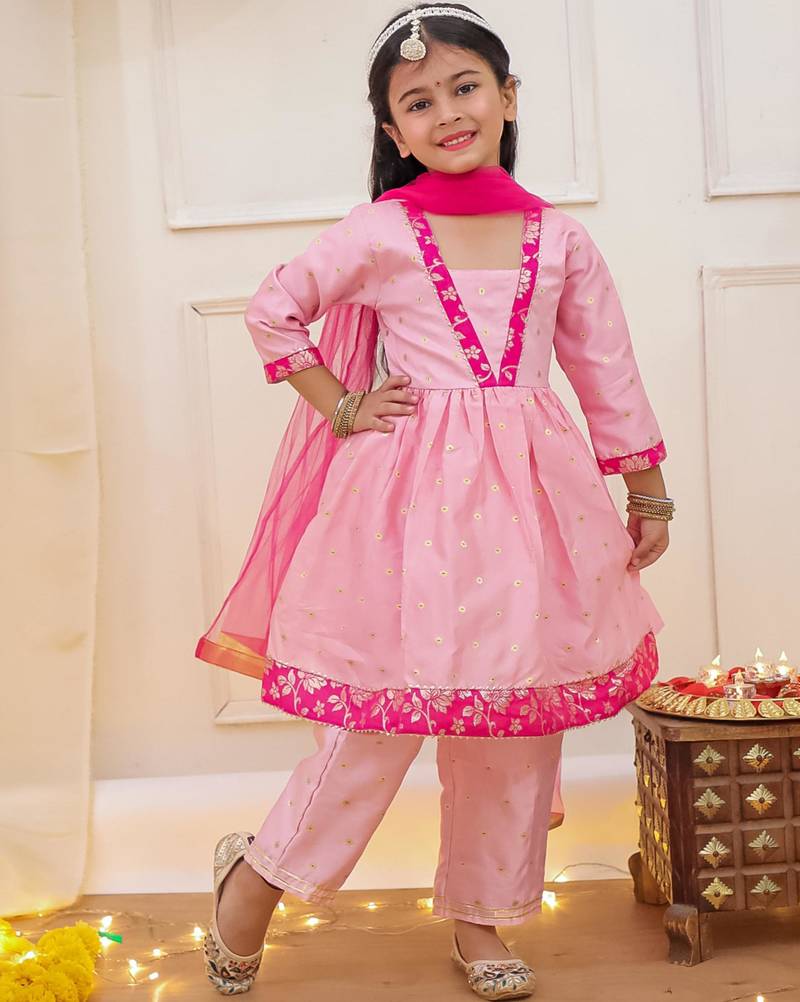 Pink woven taffeta anarkali-pant with dupatta set for girls