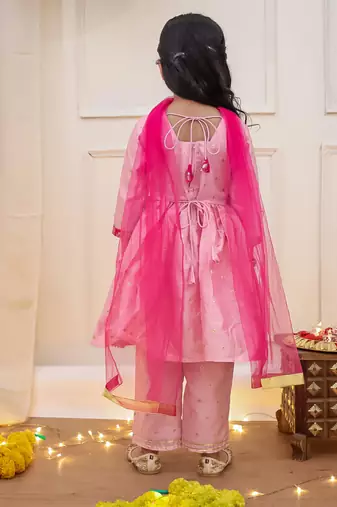 Pink woven taffeta anarkali-pant with dupatta set for girls