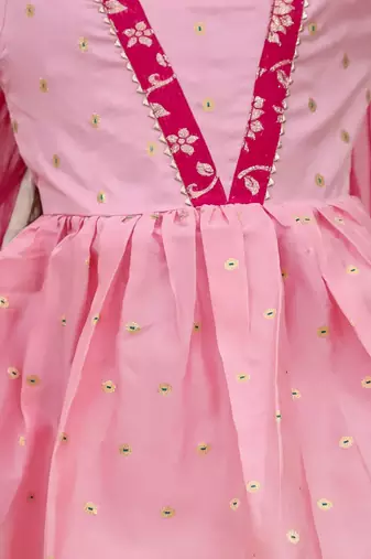 Pink woven taffeta anarkali-pant with dupatta set for girls