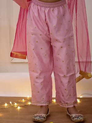Pink woven taffeta anarkali-pant with dupatta set for girls 5