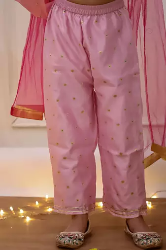 Pink woven taffeta anarkali-pant with dupatta set for girls