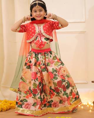 Peach printed banglori silk lehenga choli set for girls 1