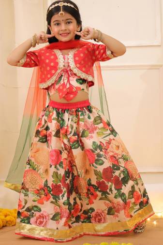 Peach printed banglori silk lehenga choli set for girls