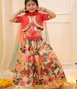 Peach printed banglori silk lehenga choli set for girls