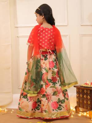 Peach printed banglori silk lehenga choli set for girls 2