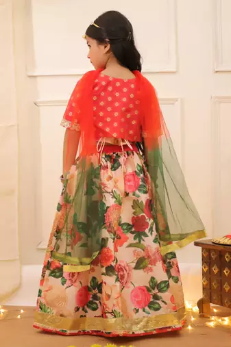 Peach printed banglori silk lehenga choli set for girls