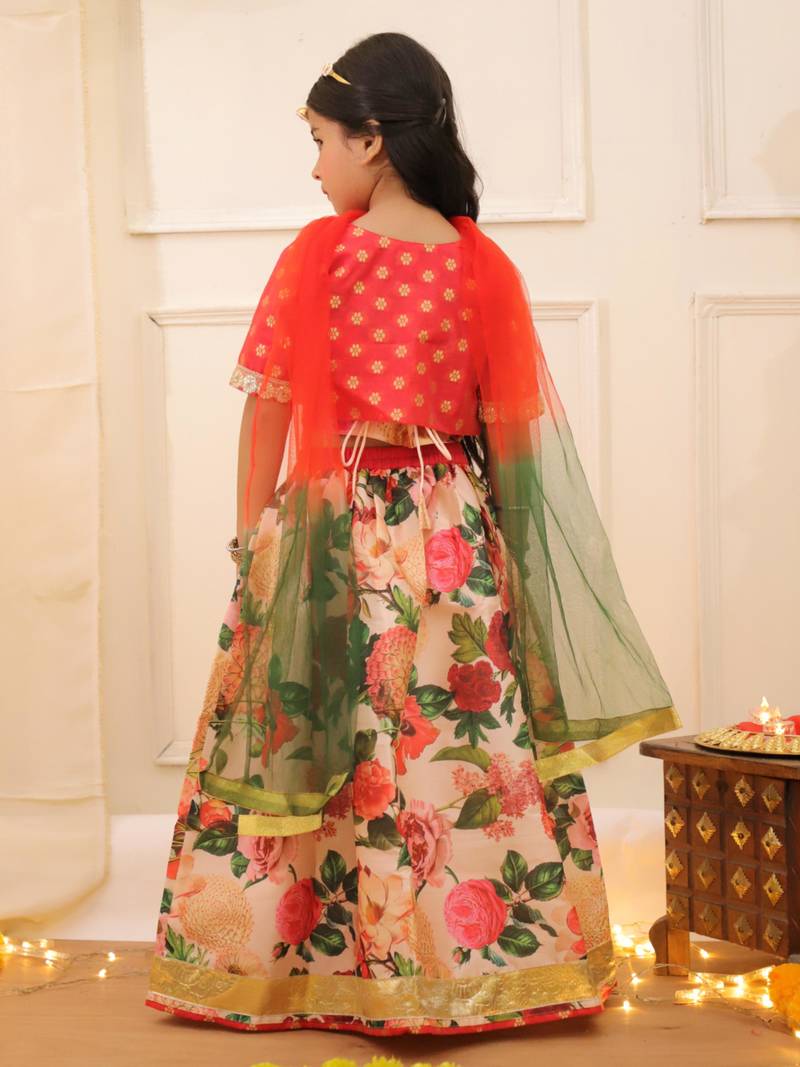 Peach printed banglori silk lehenga choli set for girls