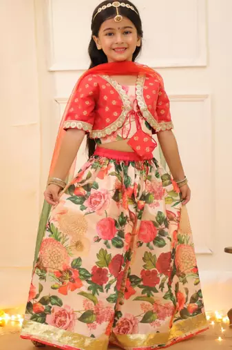 Peach printed banglori silk lehenga choli set for girls