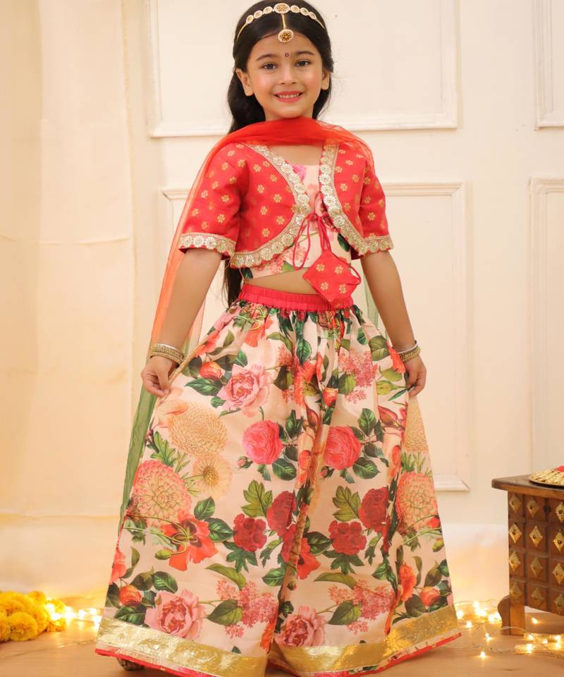 Peach printed banglori silk lehenga choli set for girls