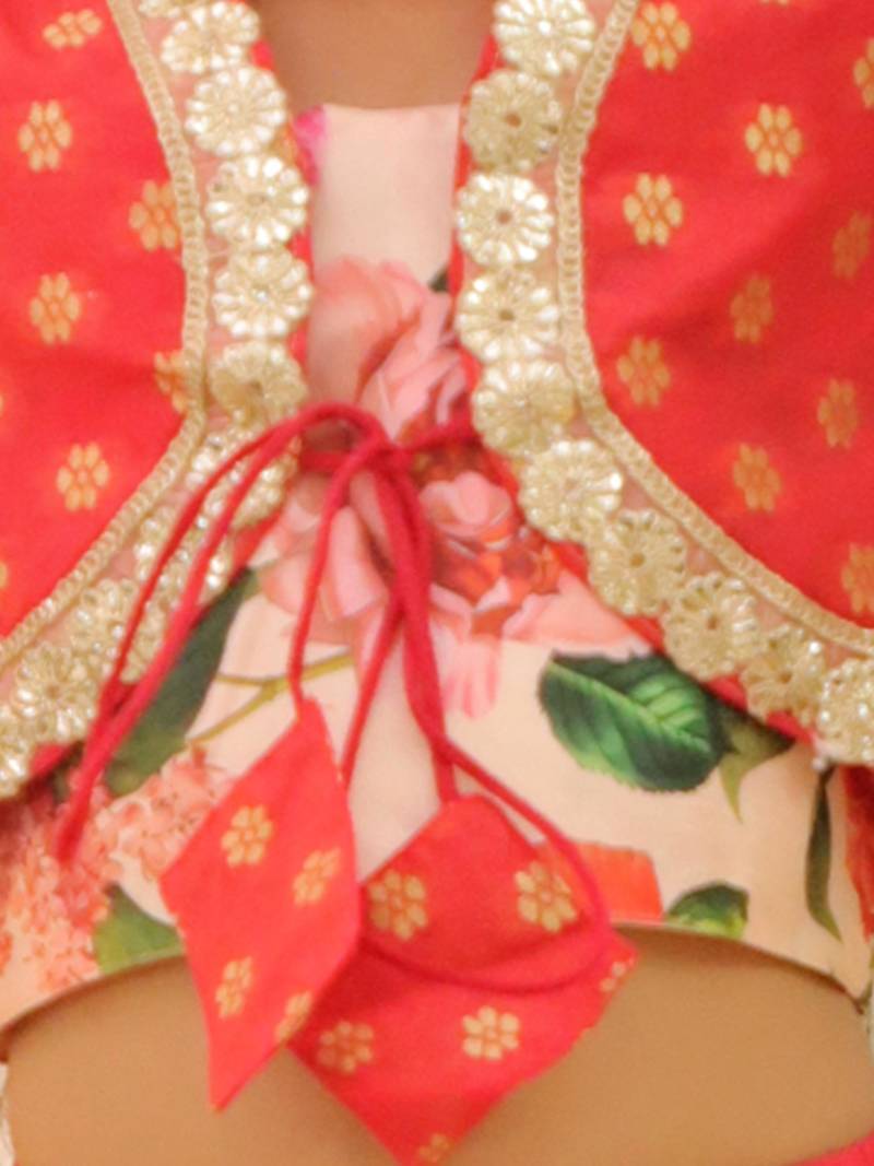 Peach printed banglori silk lehenga choli set for girls