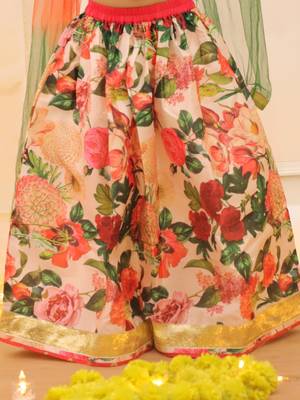 Peach printed banglori silk lehenga choli set for girls 5