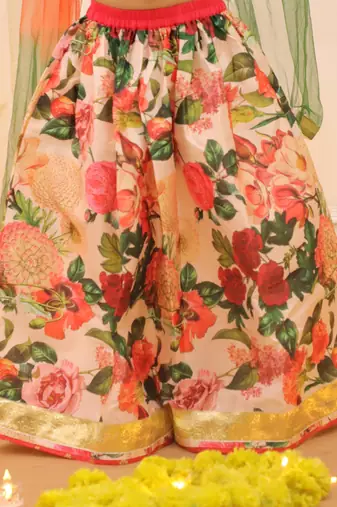 Peach printed banglori silk lehenga choli set for girls