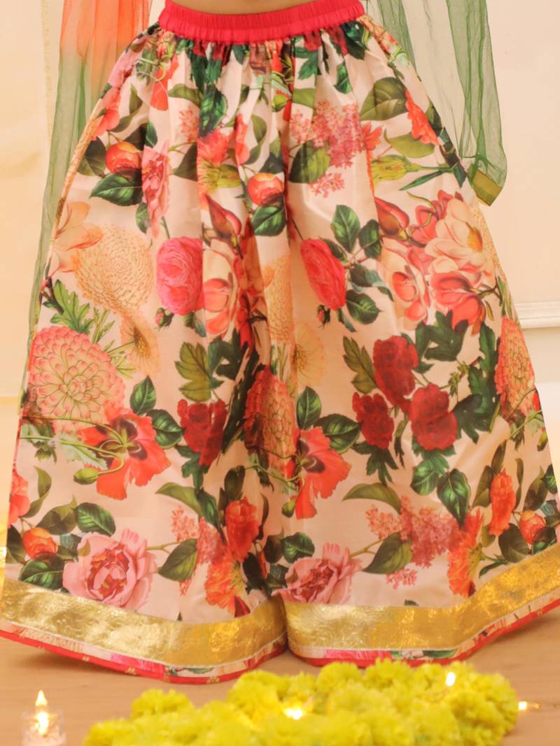 Peach printed banglori silk lehenga choli set for girls