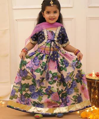 Navy printed banglori silk lehenga choli set for girls 1