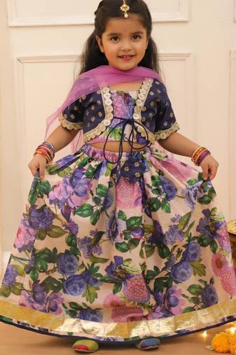 Navy printed banglori silk lehenga choli set for girls