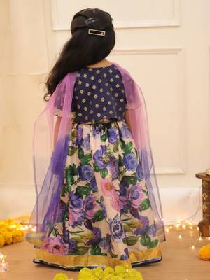 Navy printed banglori silk lehenga choli set for girls 2