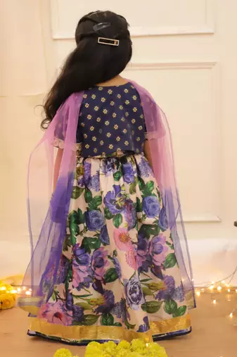 Navy printed banglori silk lehenga choli set for girls