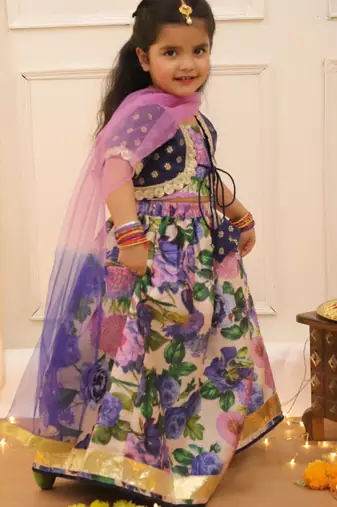 Navy printed banglori silk lehenga choli set for girls