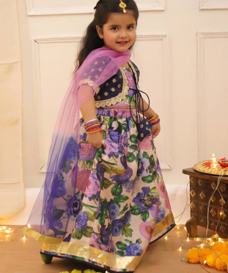 Navy printed banglori silk lehenga choli set for girls