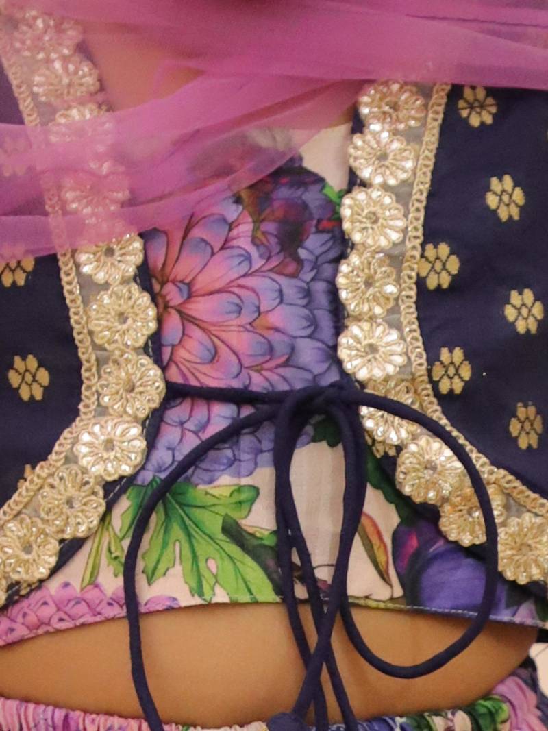 Navy printed banglori silk lehenga choli set for girls