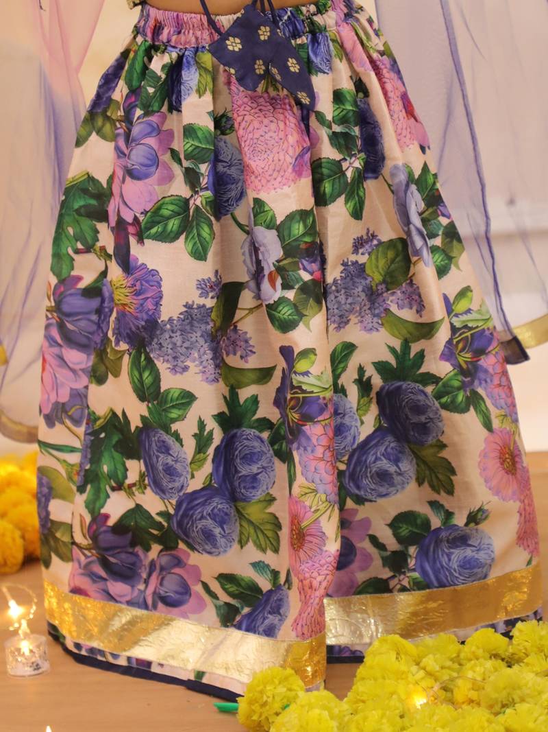 Navy printed banglori silk lehenga choli set for girls