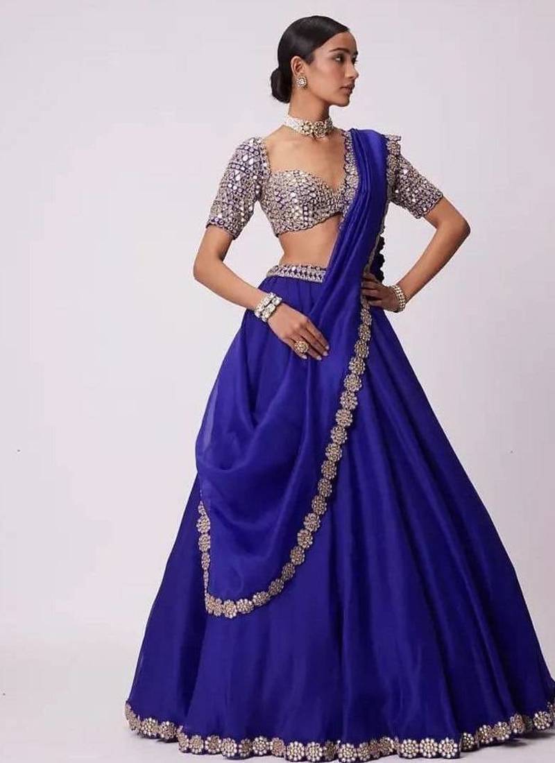 Navy Blue Color Foil Mirror Work Faux Georgette Lehenga Choli
