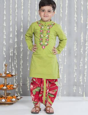 Green embroidered cotton kurta with dhoti set for boy 1