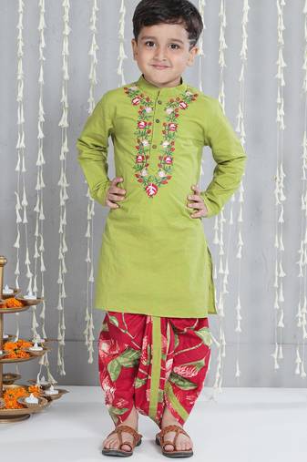 Green embroidered cotton kurta with dhoti set for boy