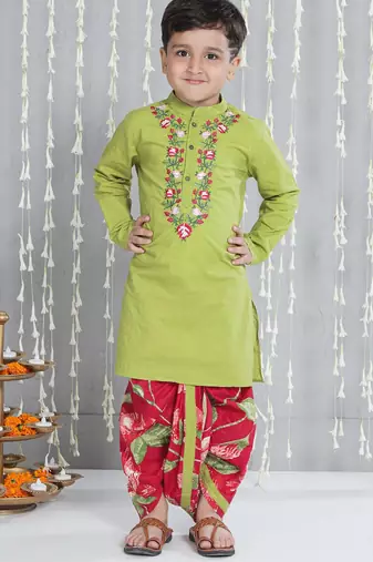 Green embroidered cotton kurta with dhoti set for boy