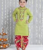 Green embroidered cotton kurta with dhoti set for boy