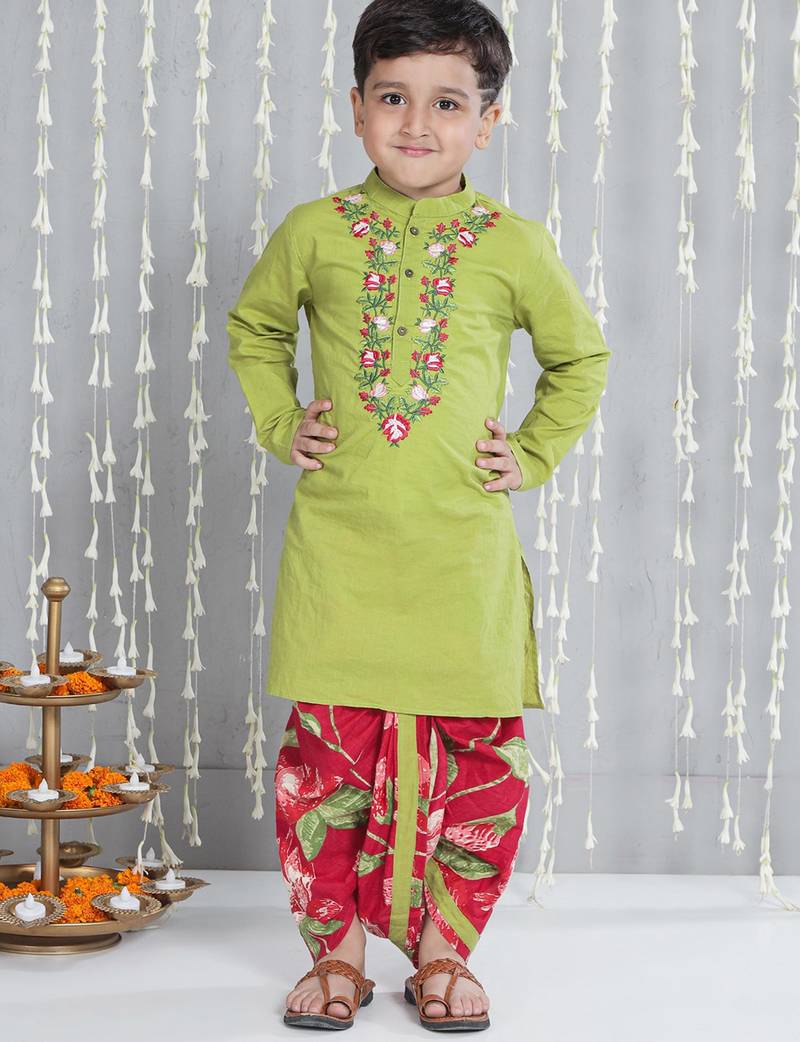 Green embroidered cotton kurta with dhoti set for boy