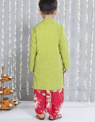 Green embroidered cotton kurta with dhoti set for boy 2