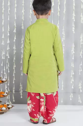 Green embroidered cotton kurta with dhoti set for boy