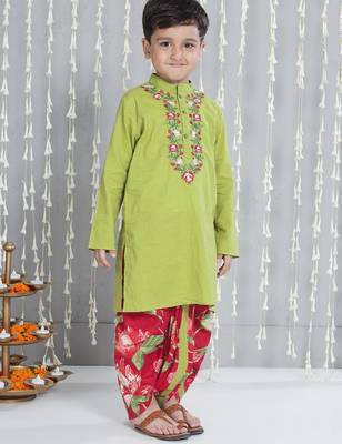 Green embroidered cotton kurta with dhoti set for boy 3