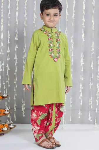 Green embroidered cotton kurta with dhoti set for boy