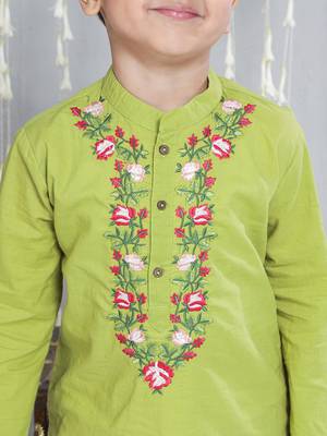 Green embroidered cotton kurta with dhoti set for boy 4