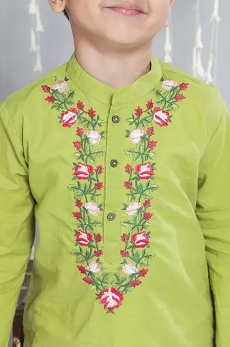 Green embroidered cotton kurta with dhoti set for boy