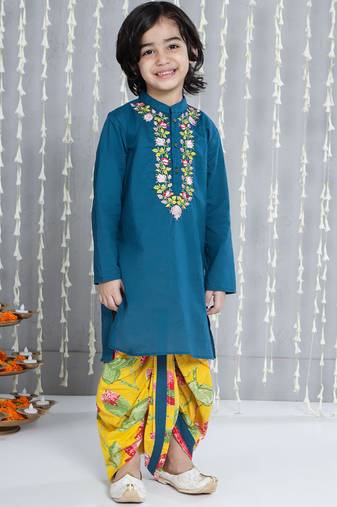 Blue embroidered cotton kurta with dhoti set for boy