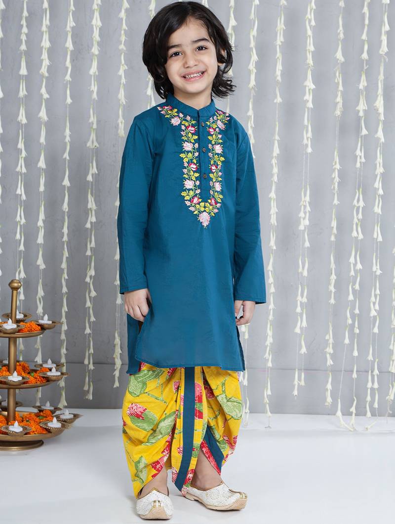 Blue embroidered cotton kurta with dhoti set for boy