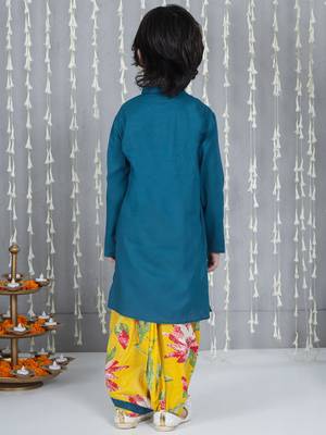 Blue embroidered cotton kurta with dhoti set for boy 2