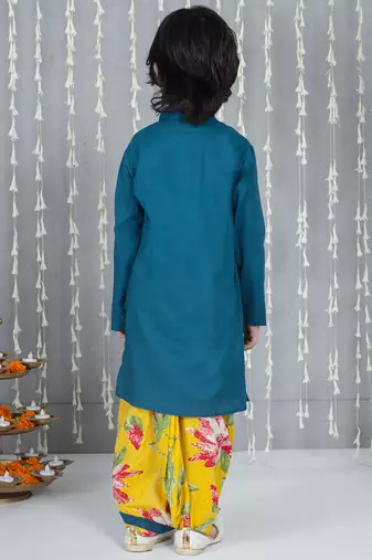 Blue embroidered cotton kurta with dhoti set for boy