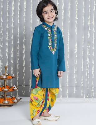 Blue embroidered cotton kurta with dhoti set for boy 3