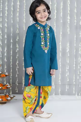 Blue embroidered cotton kurta with dhoti set for boy