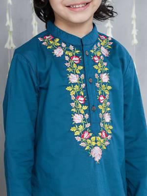 Blue embroidered cotton kurta with dhoti set for boy 4